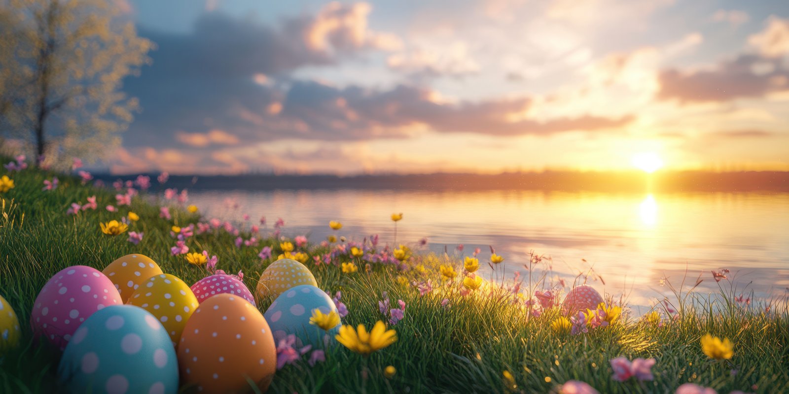 Colorful Easter eggs near a tranquil lake at sunrise with blooming flowers in the foreground